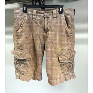 Rock Revival Men Brown Plaid distressed y2k grunge Cargo Shorts Pockets Size 32